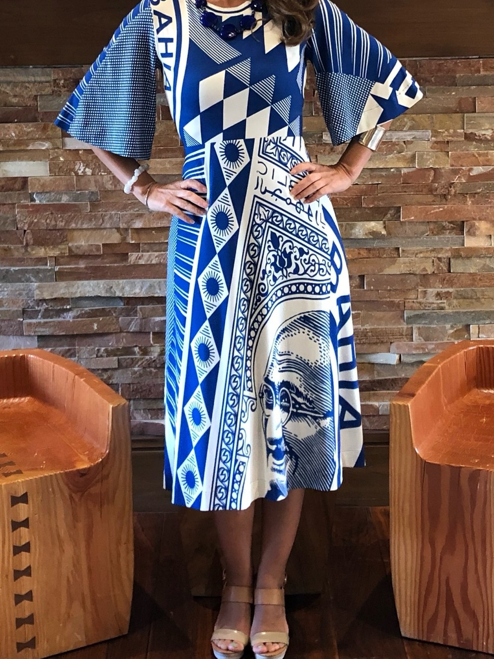 Farm Rio Blue and White Graphic Midi Dress - Picture 6 of 6